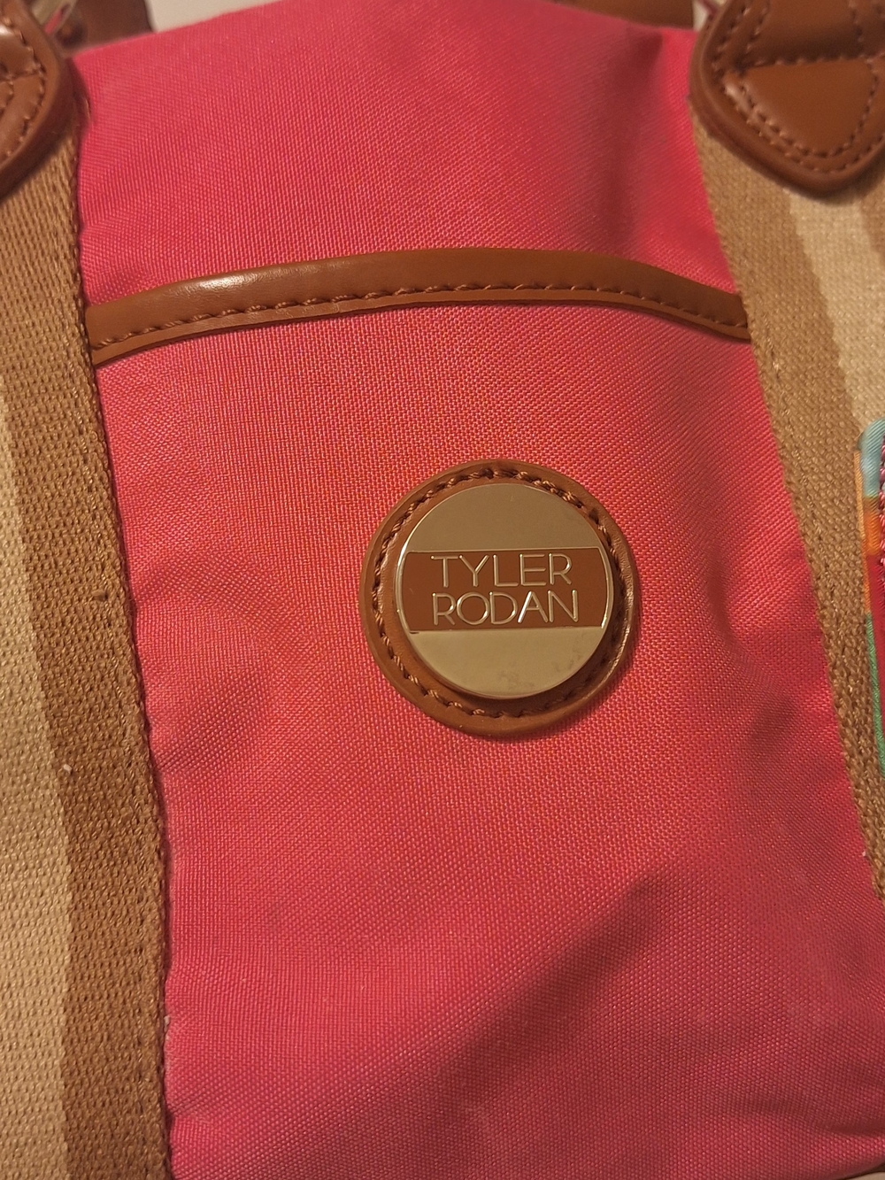 Tyler Rodan Coral Canvas Tote with Tan Trim and Multicolor Tag (13.5 X 8.5 X 4.5 - Picture 3 of 16